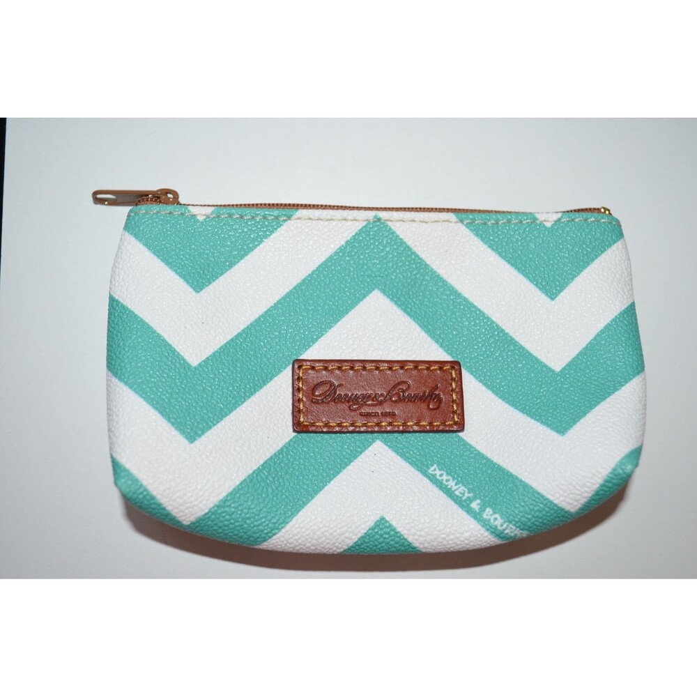 Dooney & Bourke Small Coin Purse Zip Pouch Aqua Blue White Chevron Key Clip
